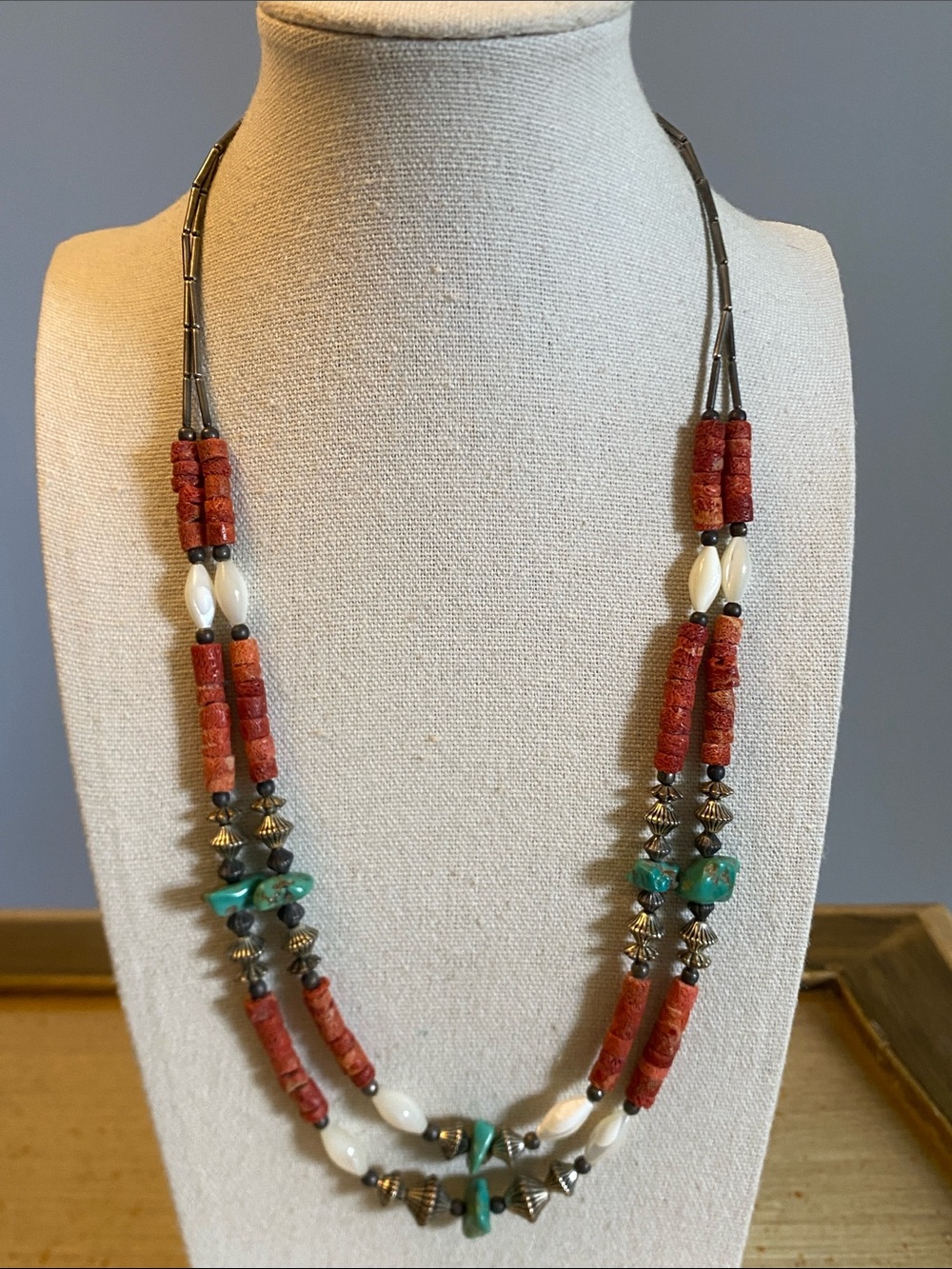 Vintage Southwestern Coral Turquoise Shell Double Strand Necklace 22”